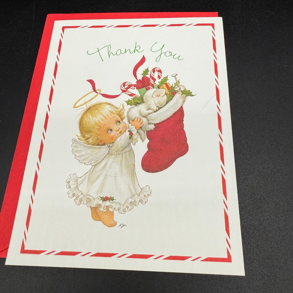 Vintage Angel‎ Christmas Thank You Card with Kitten and Red Stocking Unused 1997